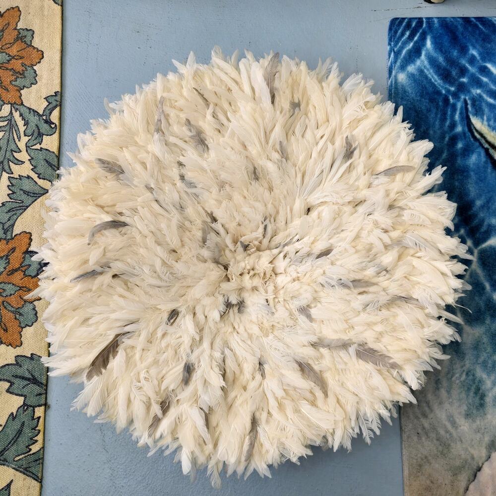 27" Traditional Feather Headdress Handmade Juju Hat Wall Decor Ivory Grey